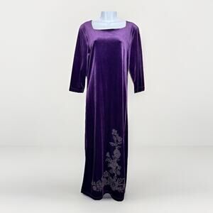 Vintage Velvet Floral Midi Dress Purple S 90s Embellished Regal Slit Evening Y2K
